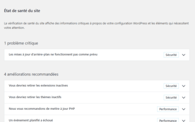 WordPress 5.2 –  zoom sur  la fonctionnalité Etat de santé  du site