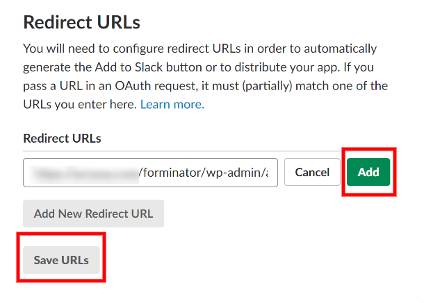 Enregistrer l'URL de redirection sur Slack pour l'intégration dans Forminator