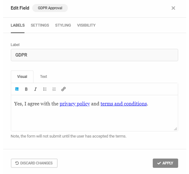 Modifier l'étiquette de champ et le message GDPR dans un formulaire Forminator