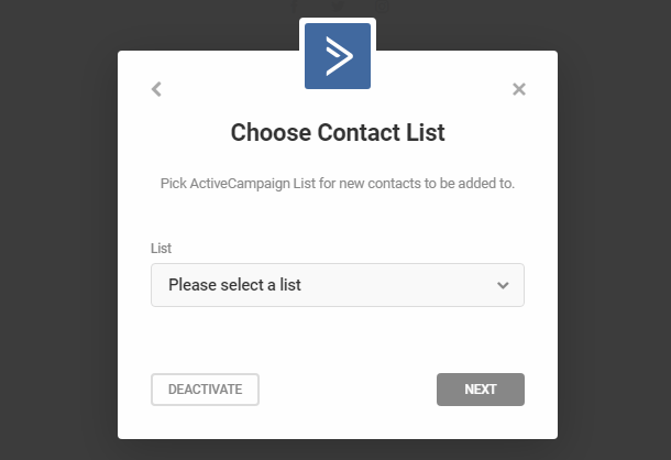 Sélectionnez la liste ActiveCampaign pour l'intégration dans le formulaire Forminator