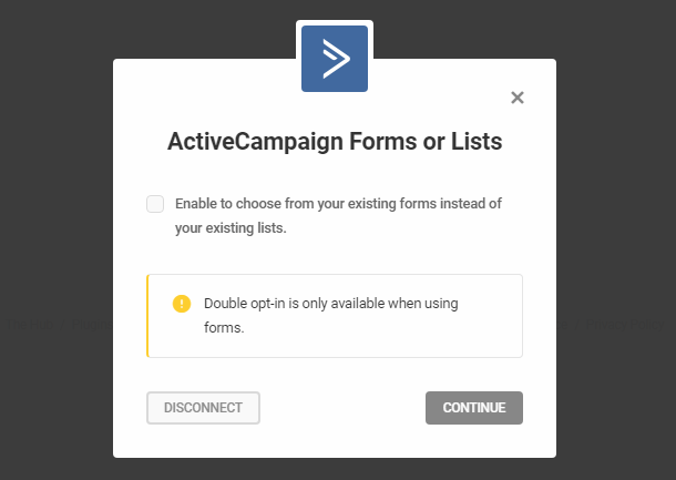 Sélectionnez des listes ou des formulaires ActiveCampaign dans le module d'activation Hustle