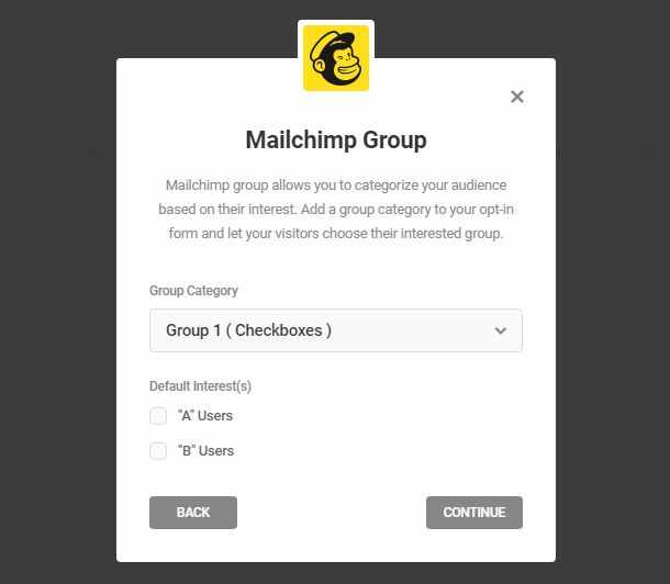 Sélectionnez le groupe Mailchimp dans le module d'activation Hustle