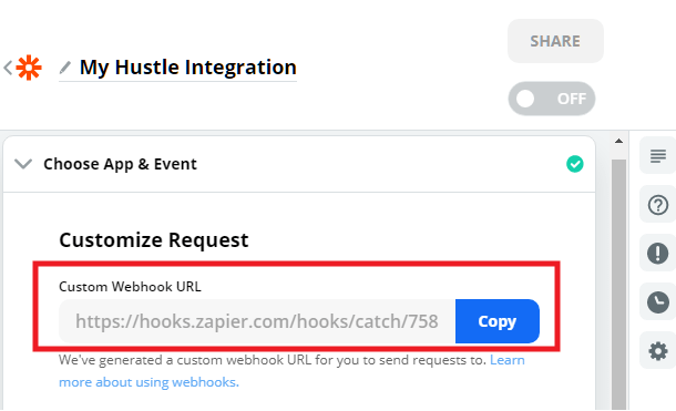 Copiez l'URL du webhook Zapier dans le module d'activation Hustle